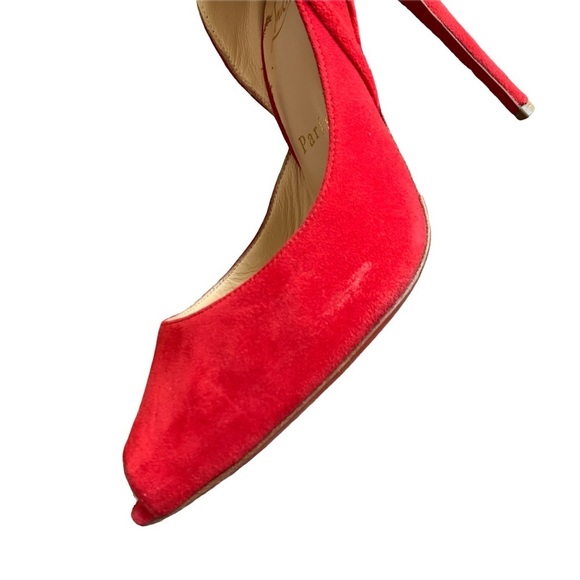 Christian Louboutin Barbara 100 Oeillet Red Suede Peep Toe Bow Heel Pumps - Picture 3 of 13
